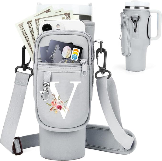 Initial Water Bottle Holder with Strap for Stanley 40 oz Tumbler/Simple Modern 40 oz Tumbler,Water Bottle Carrier Bag with Strap,Personalized A-Z Phone Pocket for Stanley Cup Accessories
