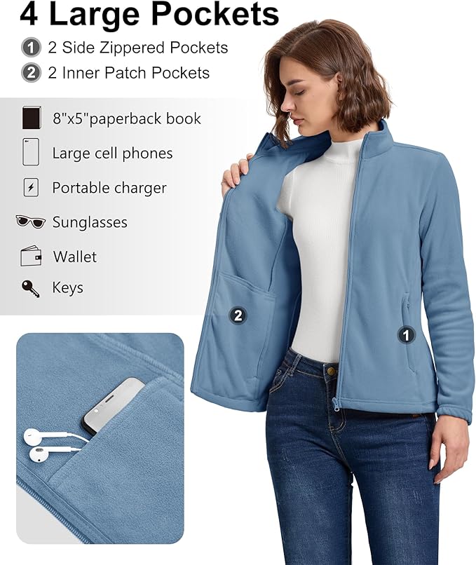 33,000ft Women's Zip Up Fleece Jacket, Long Sleeve Warm Soft Polar Lightweight Coat with Pockets for Winter