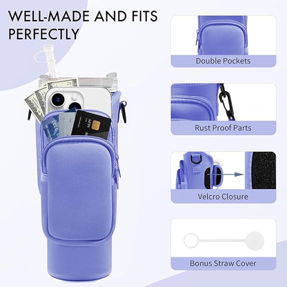 Water Bottle Carrier Bag with Phone Pocket for Stanley Cup 40/30 oz, Water Bottle Holder with Adjustable Strap& Straw Cover, Stanley Cup Accessories