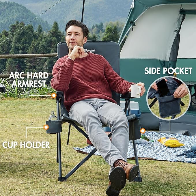 Portal Reclining Camping Chair, High Back Folding Lawn Chair with Adjustable Reclining for Adults, Oversized Chair for Garden, Porch, Outdoor Camping