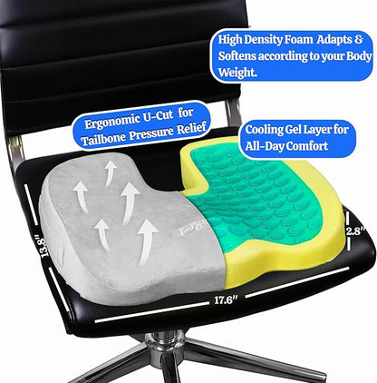 LuminaRest® Gel Seat Cushion for Long Sitting – CertiPUR-US® Certified Memory Foam – Premium Gel Tailbone Pain Relief Cushion, Adaptable for Office, Car, Airplane & Wheelchair – (Gray)