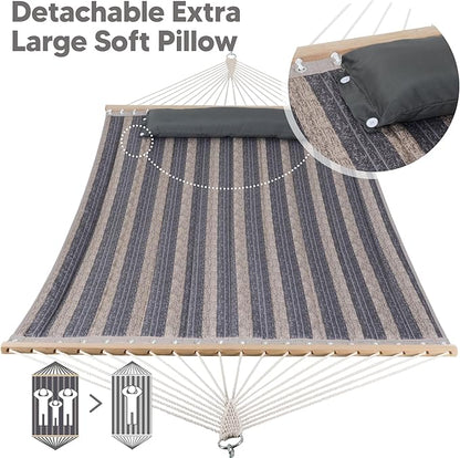 SUNCREAT Double Quilted Hammock with Hardwood Spreader Bar, Extra Large Soft Pillow, Heavy Duty 2 Person Hammock for Indoor, Outdoor, Gray Stripes