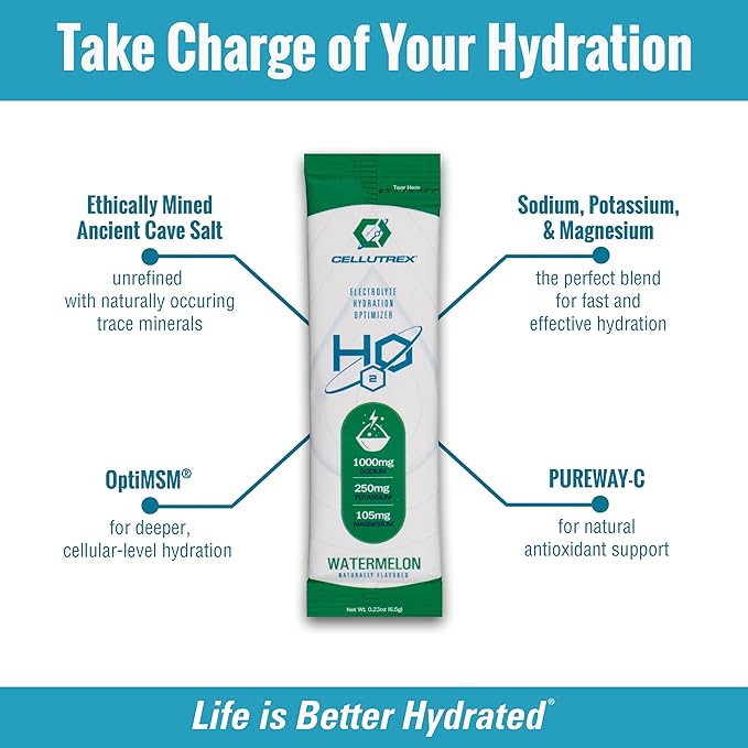 Cellutrex® H2O Electrolytes – Electrolyte Powder Drink Mix, Zero Sugar, Natural Salt Hydration Packets for Recovery and Wellness, Watermelon, 20 Sticks