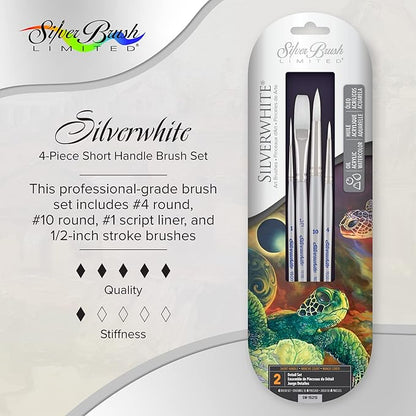 Silver Brush Limited SW-1521S Silverwhite Detail Set, 4pc Short Handle Professional Premium Artist Painting Set for Watercolor, Gouache, Inks, Dyes, Acrylics, Script Liner, Stroke, and Round Brushes