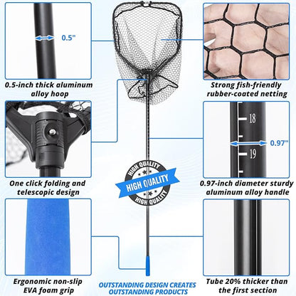 Long Fishing Net, Foldable Landing Net with Telescoping Handle, Rubber Netting, Lightweight & Strong, Length 56″-75″, Hoop Size 20″ x 19″, Depth 20″, 25 lbs. Capacity