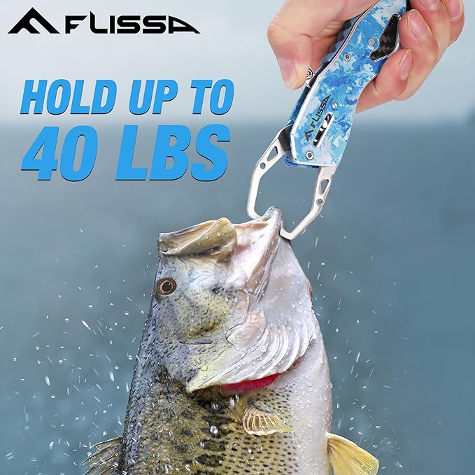 FLISSA Fish Gripper, Fish Lip Grip Tool with Carabiner and Spring Anti-Lost Rope, Durable Stainless Steel Fish Grabber Gripper, Lightweight Holder for Fishing, Corrosion Resistant & Portable