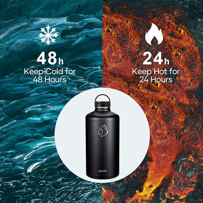 BUZIO Gallon Water Bottle Insulated with straw and 3 lids, 128 oz Water Jug Large Vacuum Stainless Steel Metal Flask, Leak Proof & BPA-Free, Cold for 48 Hrs, Black