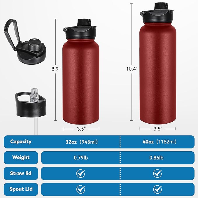 VEGOND 32 oz Insulated Water Bottle Bulk Stainless Steel Metal Water Bottles with Leak Proof Straw Lid & Spout Lid, Wide Mouth Double Walled Vacuum Travel Sports Bottle, Red 8 Pack