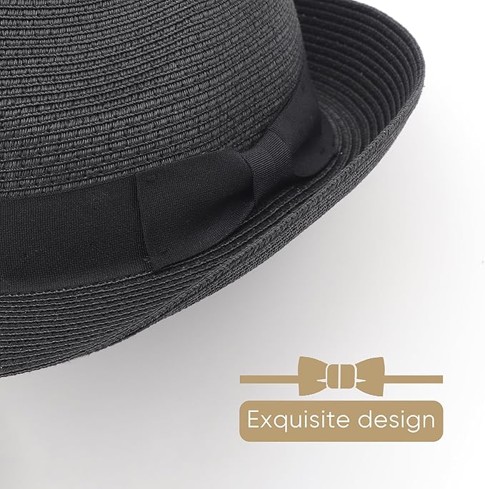 DRESHOW Women Straw Sun Hat Short Brim Panama Travel Fedora Beach Cap Roll up Summer Hat for Women Men UPF 50+