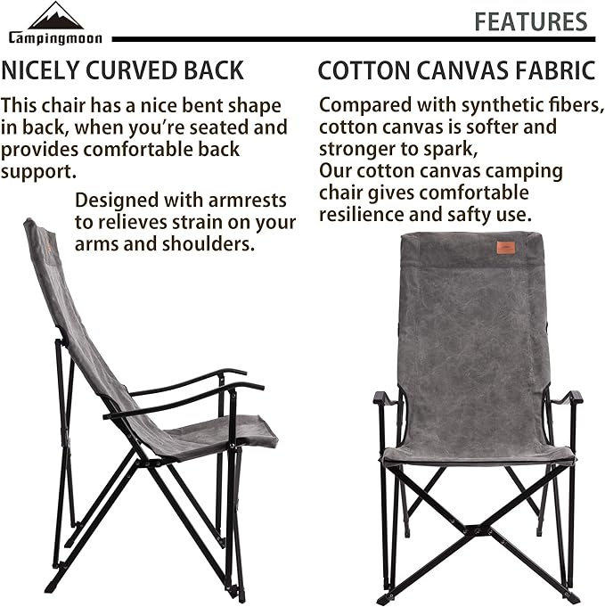 CAMPINGMOON Foldable Cotton Canvas Camping Chair for Campfire High Back Chair Gray F-1001C-H