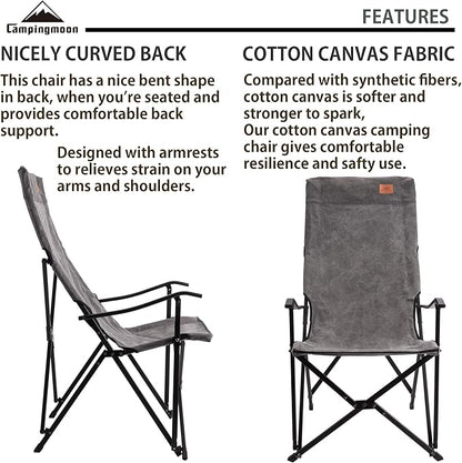 CAMPINGMOON Foldable Cotton Canvas Camping Chair for Campfire High Back Chair Gray F-1001C-H