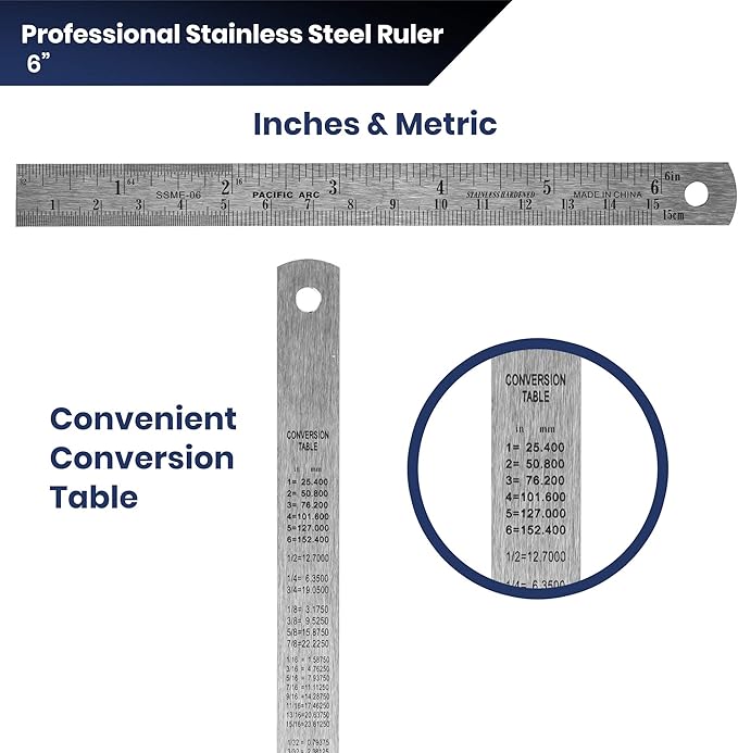 Pacific Arc 6 Inch Stainless Steel Ruler with Inch/Metric Conversion Table