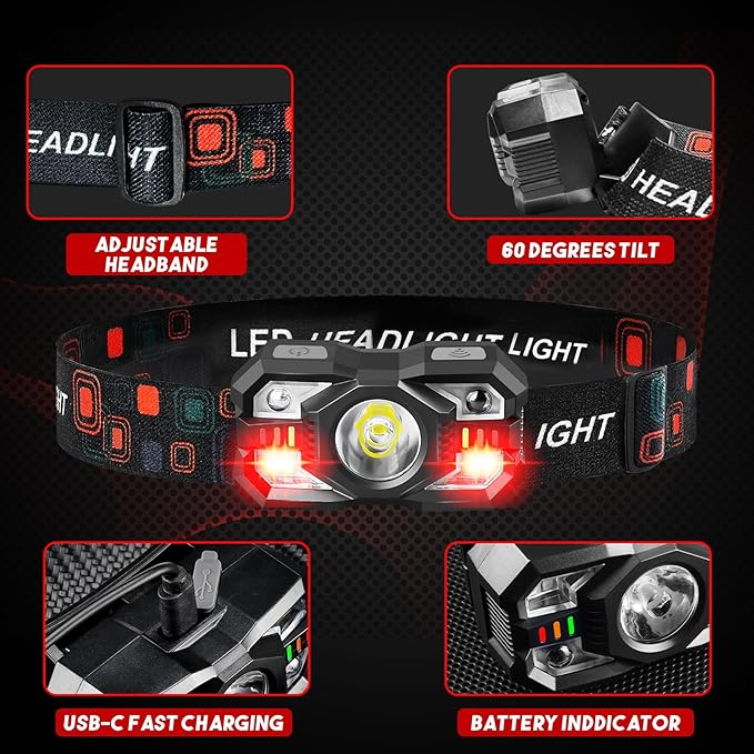 Headlamp Rechargeable 6Pack, 3000 Lumen Ultra-Light Bright Headlamp Flashlight with White Red Light, LED Headlight Motion Sensor, 5+5 Mode for Outdoor Camping Fishing Running Hiking (6)