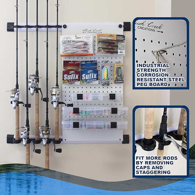 Rush Creek Creations - Fishing Rod Holder for Garage, Fishing Pole Rack Wall Mount & Tackle Storage, No Limit Vertical Fishing Rod Rack Holder, Modular Wall Unit, Fishing Pole Rods Rack