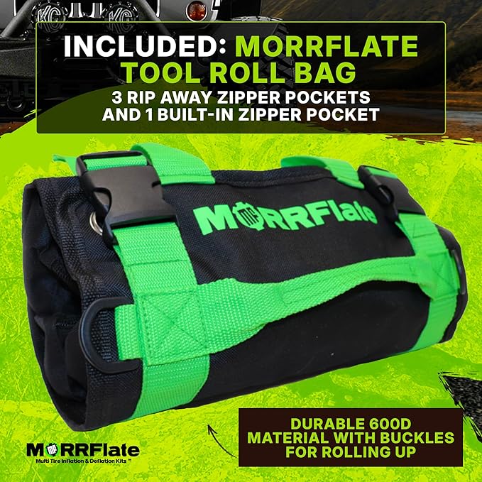 MORRFlate Xtreme 4×4 Tire Repair Kit Complete Off-Road Tire Repair Includes Tool Roll Bag, Tire Plug Kit, GlueTread Sidewall Tire Repair Kit, and Two Colby Valve Permanent Valve Stem Replacements