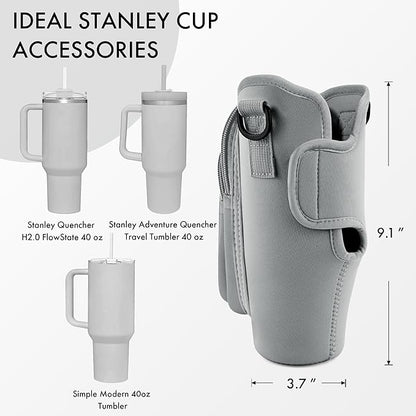 Water Bottle Carrier Bag with Phone Pocket for Stanley Cup 40/30 oz, Water Bottle Holder with Adjustable Strap& Straw Cover, Stanley Cup Accessories