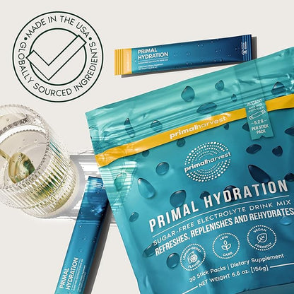 Primal Harvest Electrolytes Powder Packets Primal Hydration, Easy Open Packets, Energy Drink Mix 2 Pack Bundle (Lemon Berry, 60 Packs)