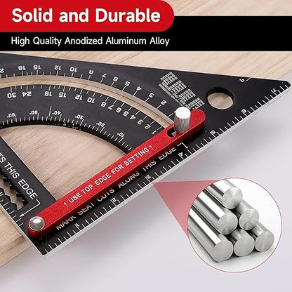 Carpenter Square 7 inch, Aluminum Adjustable Rafter Framing Square, Multifunction Woodworking Measuring Tools, Combination Square Angle Carpentry Triangle Ruler with 2 Pencils