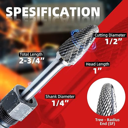 EZARC Tungsten Carbide Rotary Burr Bit, SF-5 Double Cut Carbide Burr 1/4" Shank Die Grinder Cutting Burrs Bit for Metal Working & Sturdy Storage Case