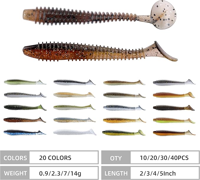 RUNCL Swimbaits Paddle 10/20/30/40PCS, 5/4/3/2 Inchs Paddle Tail, Soft Lure for Trout Crappie Bass, Durable Plastic Bait Swimmer for Saltwater/Freshwater, Fishing Lover's Gift