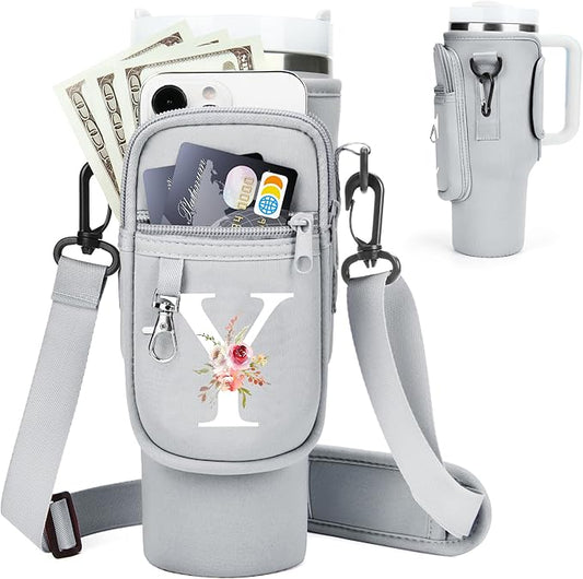 Initial Water Bottle Holder with Strap for Stanley 40 oz Tumbler/Simple Modern 40 oz Tumbler,Water Bottle Carrier Bag with Strap,Personalized A-Z Phone Pocket for Stanley Cup Accessories