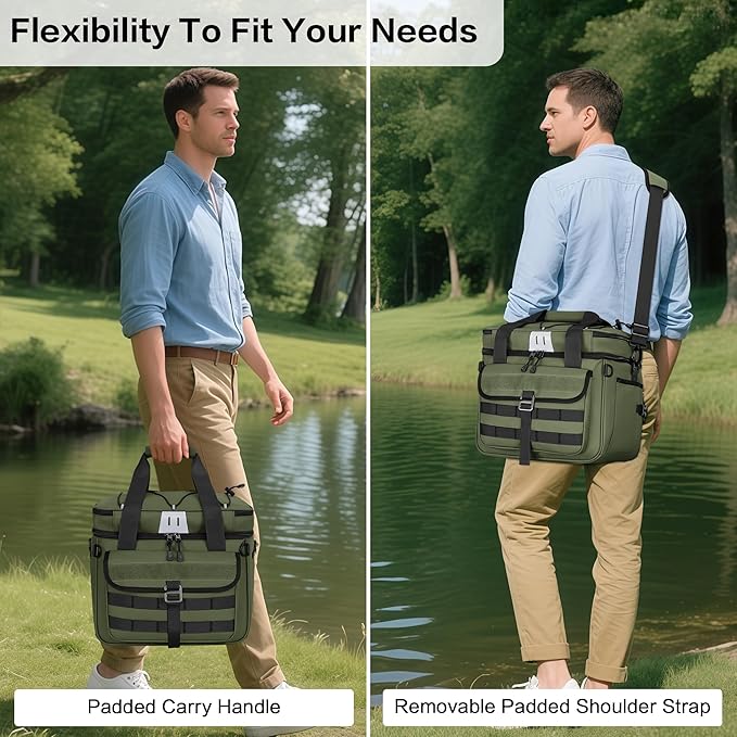 30L Large Fishing Tackle Bag, Waterproof Tackle Box Bag for Saltwater & Freshwater Fishing, Gear and Equipment Storage, Padded Shoulder Strap, Gift for Men, Green