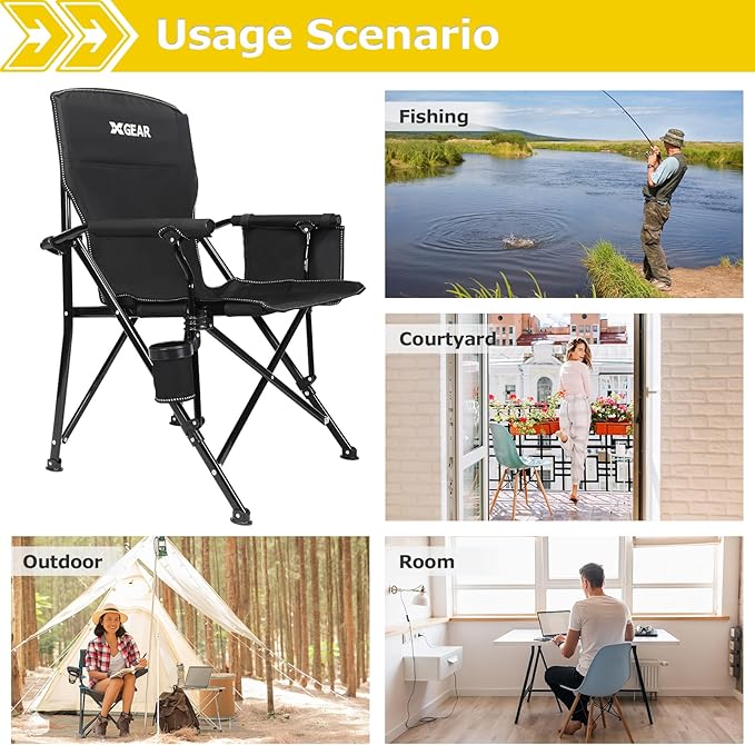 XGEAR Camping Chair with Padded Hard Armrest, Sturdy Folding Camp Chair with Cup Holder, Storage Pockets Carry Bag Included, Support to 400 lbs