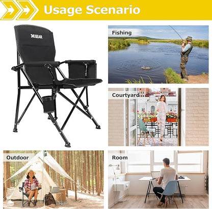 XGEAR Camping Chair with Padded Hard Armrest, Sturdy Folding Camp Chair with Cup Holder, Storage Pockets Carry Bag Included, Support to 400 lbs