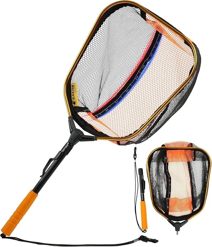 Black Paw Floating Fishing Net - Telescopic Foldable Fish Landing Net with Adjustable Mesh Head, Built in Length Scale
