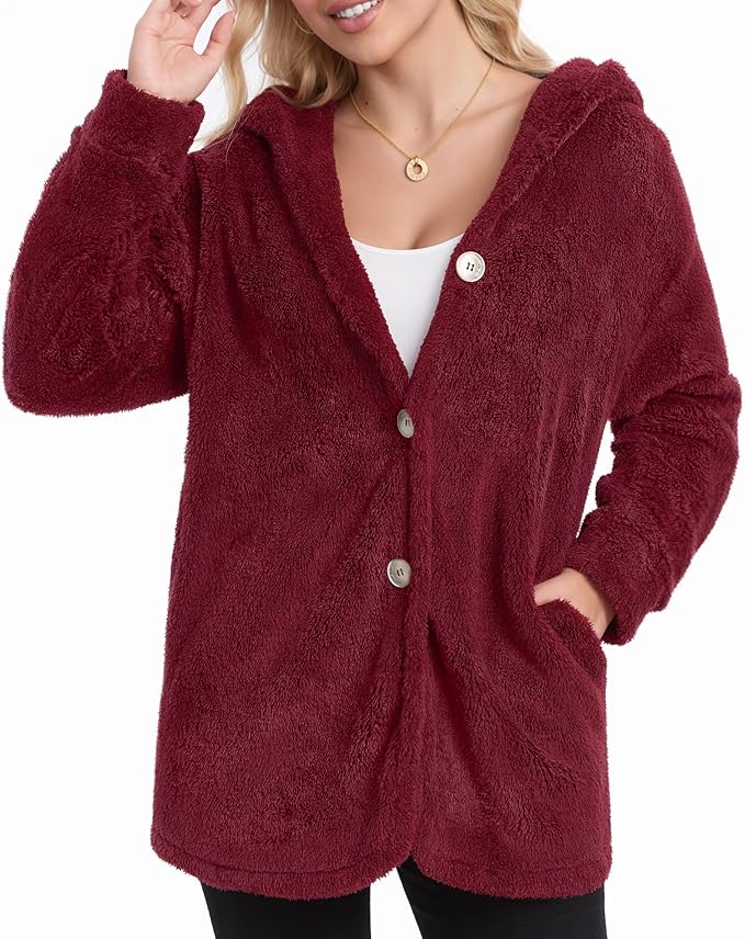 MANGOPOP Womens Fleece Jacket 2025 Winter Oversized Fuzzy Hooded Coat Button Cardigan Sherpa Sweaters Outerwear with Pockets