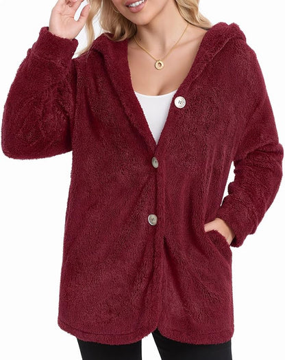 MANGOPOP Womens Fleece Jacket 2025 Winter Oversized Fuzzy Hooded Coat Button Cardigan Sherpa Sweaters Outerwear with Pockets