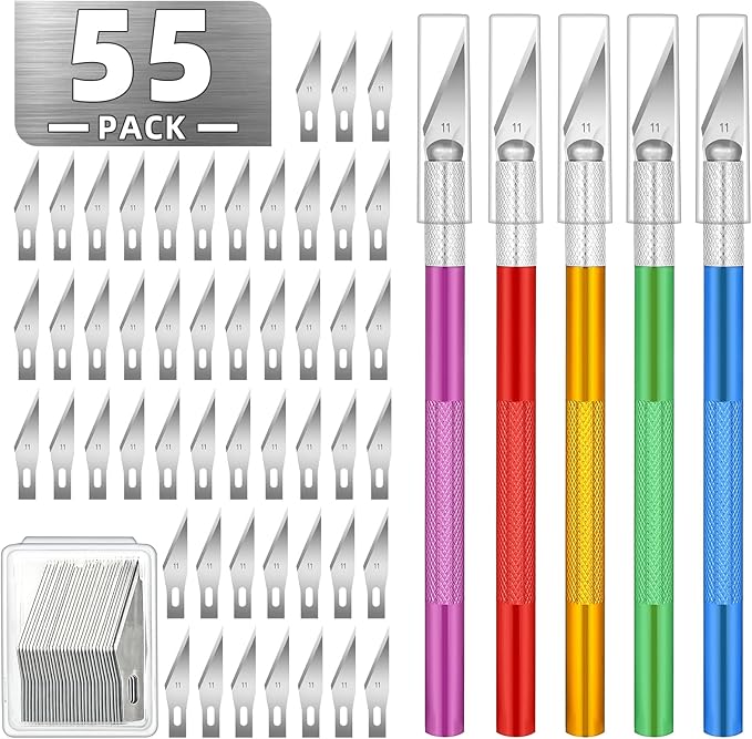 55 Pack Exacto Knife, Hobby Knife Set with 5 Craft Knives and 50 Precision Knife Blades(#11) for Art,Scrapbooking,Carving, DIY, Cutting, Stenciling by EGYPAMID