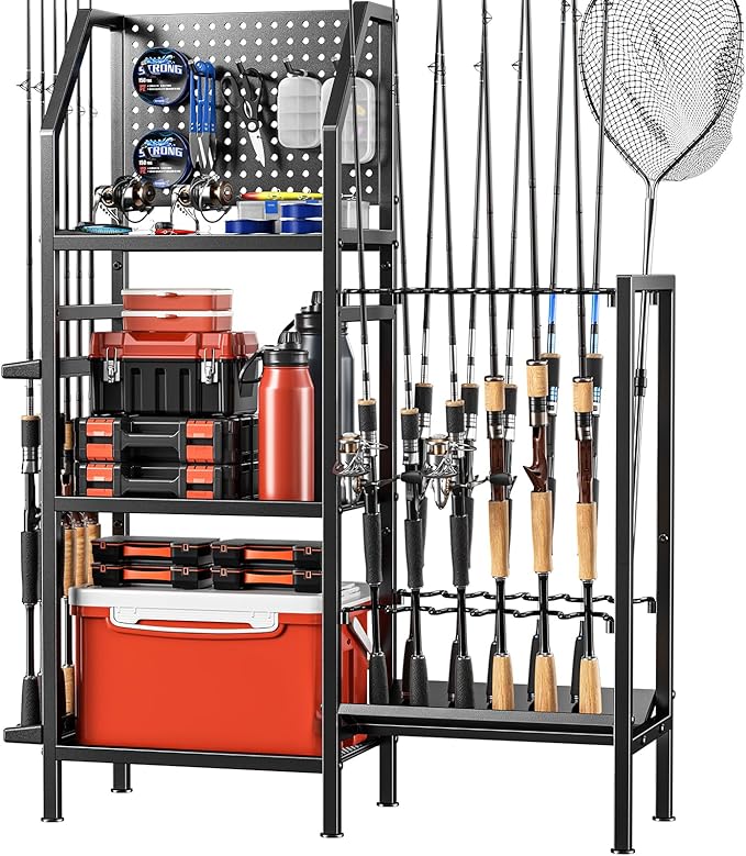 Fishing Rod Holders for Garage,Fishing Rod Rack Storage up to 18 Rods,3 Tier Adjust Heavy Duty Metal Fish Pole Stand Organizer with Pegboard for Fishing Gear and Equipment Accessories