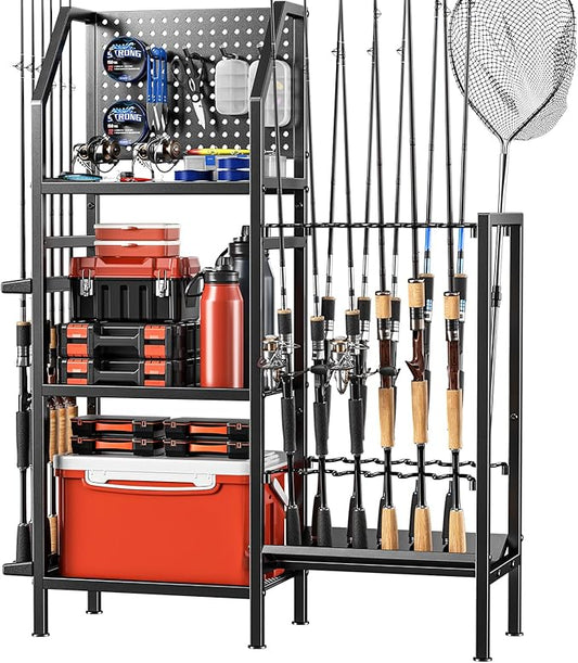 Fishing Rod Holders for Garage,Fishing Rod Rack Storage up to 18 Rods,3 Tier Adjust Heavy Duty Metal Fish Pole Stand Organizer with Pegboard for Fishing Gear and Equipment Accessories