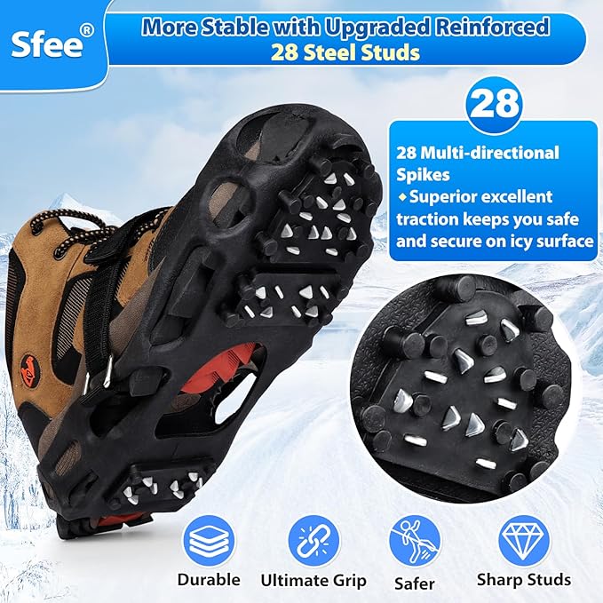 Sfee Crampons Ice Cleats for Shoes and Boots, 28 Steel Shoe Spikes Ultra-Grip Ice Cleats for Men Women Non-Slip Snow Traction Ice Grippers for Shoes and Boots for Walking, Hiking, Climbing, Fishing