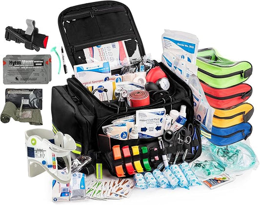 Scherber Fully-Stocked First Responder Bag | Large Professional EMT/EMS Trauma & Bleeding Kit | HSA/FSA Approved | CAT Tourniquet, HyFin Chest Seal, Israeli Bandage & 250+ First Aid Supplies (Black)