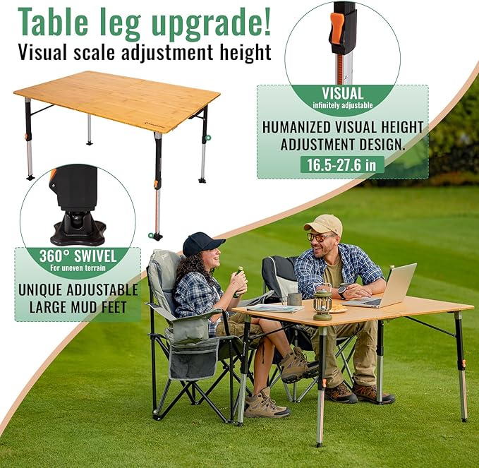 KingCamp Bamboo Folding Table, 4-Fold Camping Adjustable Height Portable Outdoor Lightweight & Compact Table with Aluminum Frame for RV Picnic BBQ Tailgating