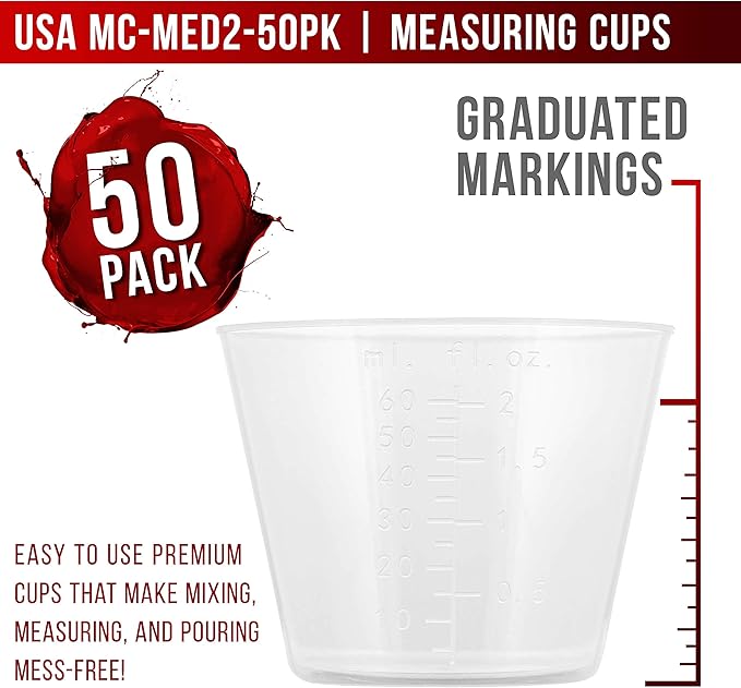 Pouring Masters 2 Oz (60 ml) Liquid Measuring Cups - Plastic Graduated Cup (50 Pack) with 25 Sticks - Reusable Mixing Cups for Paint, Craft, Kitchen, Lab, Medical Supplies, Epoxy Resin, Art