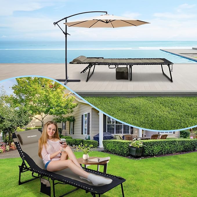 Oversized Padded Outdoor Folding Lounge Chair for Adults 330Ibs Patio Chaise Lounge Chair for Outside Adjustable 5-Position Reclining Beach Chair with Pillow Pocket