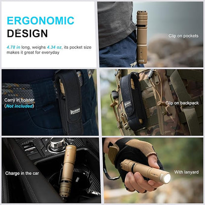 WUBEN C3 Flashlight 1200 High Lumens Rechargeable Flashlights 6 Modes Super Bright IP68 LED Tactical Flashlight for Camping, Home, Emergenc, Inspection, Repair, Tool Gifts for Men(Khaki)