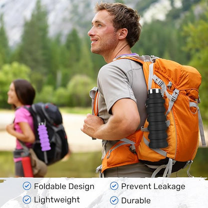 Collapsible Water Bottle, 16oz Portable Reusable Silicone Water Bottle, BPA-Free Leak-Proof Foldable Design with Carabiner, Lightweight Durable for Gym, Travel, Camping, Hiking, Sports, Light Pink