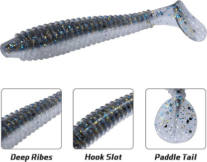 RUNCL Swimbaits Paddle 10/20/30/40PCS, 5/4/3/2 Inchs Paddle Tail, Soft Lure for Trout Crappie Bass, Durable Plastic Bait Swimmer for Saltwater/Freshwater, Fishing Lover's Gift