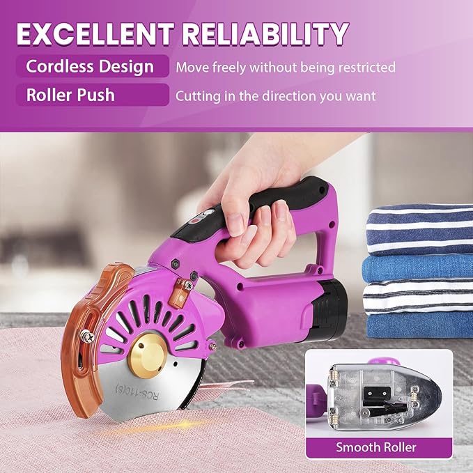 BAOSHISHAN Electric Fabric Rotary Cutter with 2x14.8V Battery Big Cordless Speed Adjustable Scissor 100mm/4inch Round Knife Leather Cutting Machine Suitable for Multi-Layer Fabric (Purple (Cordless))