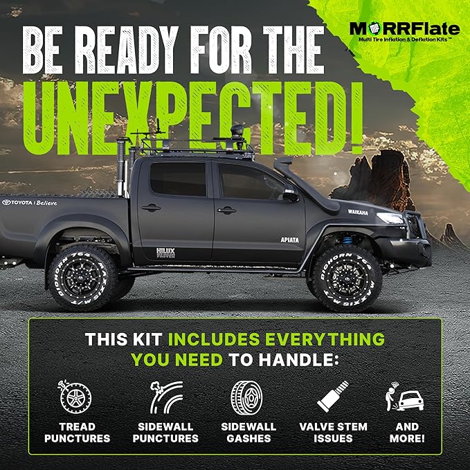 MORRFlate Xtreme 4×4 Tire Repair Kit Complete Off-Road Tire Repair Includes Tool Roll Bag, Tire Plug Kit, GlueTread Sidewall Tire Repair Kit, and Two Colby Valve Permanent Valve Stem Replacements