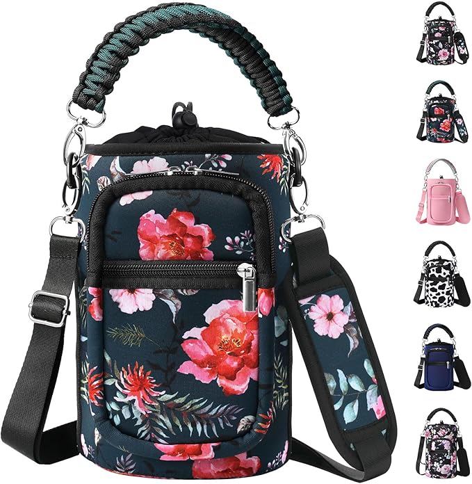32/40/64/128 oz Neoprene Insulated Water Bottle Carrier Bag, Sling Bag Sleeve Pouch Holder with Strap & Paracord Handle and 2 Pocket for Travelling, Hiking, Camping