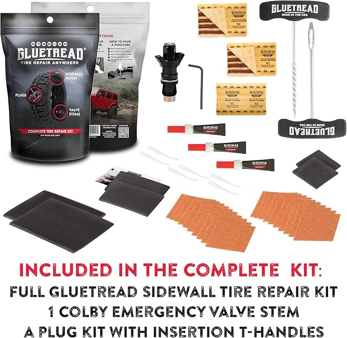 GlueTread Complete Off-Road Tire Repair Kit - Fix Sidewall Damage and Punctures - Includes Heavy Duty Tire Patch Kit, Plugs & Colby Emergency Valve Stem - Enhanced Rubber Formula, Fast Setting