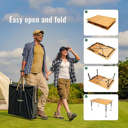 KingCamp Bamboo Folding Table, 4-Fold Camping Adjustable Height Portable Outdoor Lightweight & Compact Table with Aluminum Frame for RV Picnic BBQ Tailgating