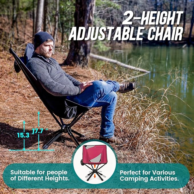 Adjustable Portable Camping Chair RiseLite Lightweight Compact Folding Chair for Adults, Collapsible Camp Chairs That Folds Up Small, Easy Carry for Travel, Outdoor, Sports, Backpacking, Hiking