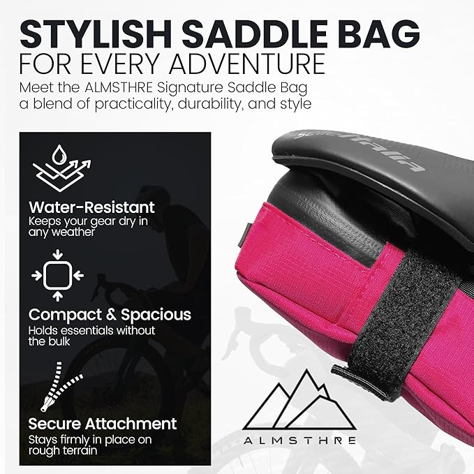 ALMSTHRE Signature Bike Saddle Bag – Passion Pink | 0.5L Bike Seat Bag (3" x 5.25" x 2") | Water-Resistant Ripstop, Waterproof Zipper, Internal Pocket | Durable Under Seat Storage