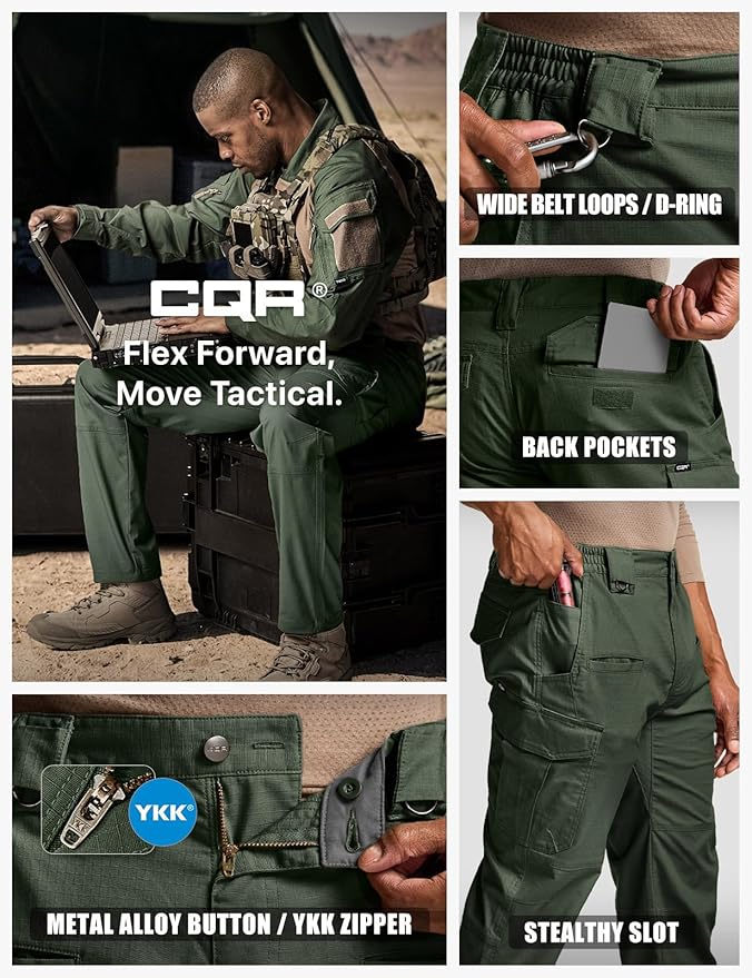 CQR Men's Flex Stretch Tactical Pants, Water Resistant Ripstop Cargo Pants, Lightweight EDC Outdoor Work Hiking Pants